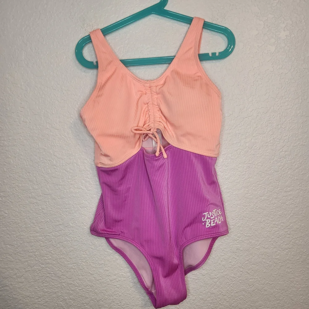 Justice Beach Two-Tone Peach and Purple One-Piece Swimsuit youth L 12 14